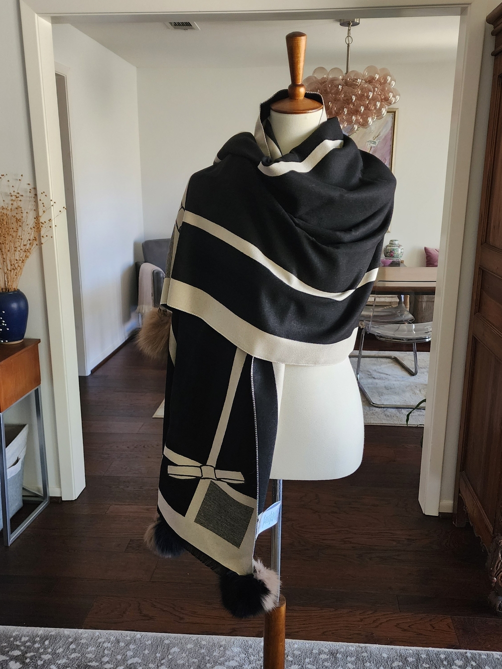 Black & Cream With REAL Fox Fur Pom-Pom Scarf